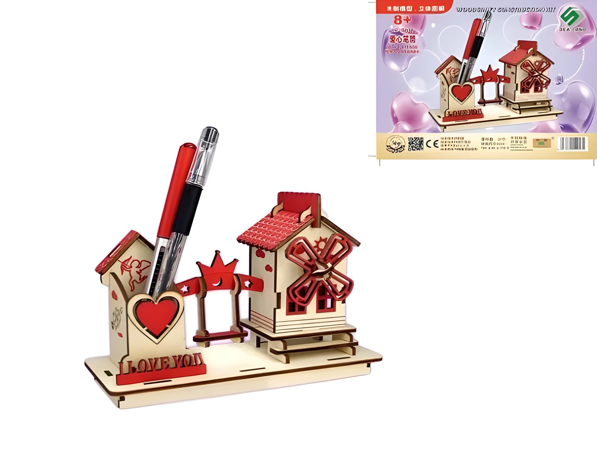 Creative DIY wooden pen holder model three-dimensional puzzle Love Pen Holder in red assembled on desk