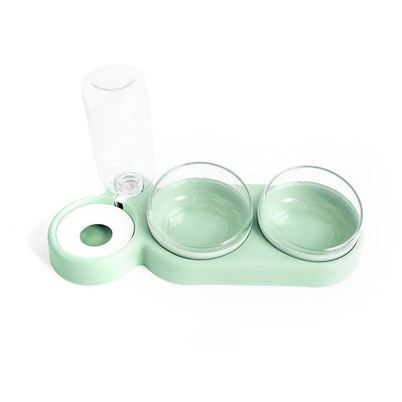Double bowl automatic pet feeder with 360 degree rotation and tilt for cats in grey colour