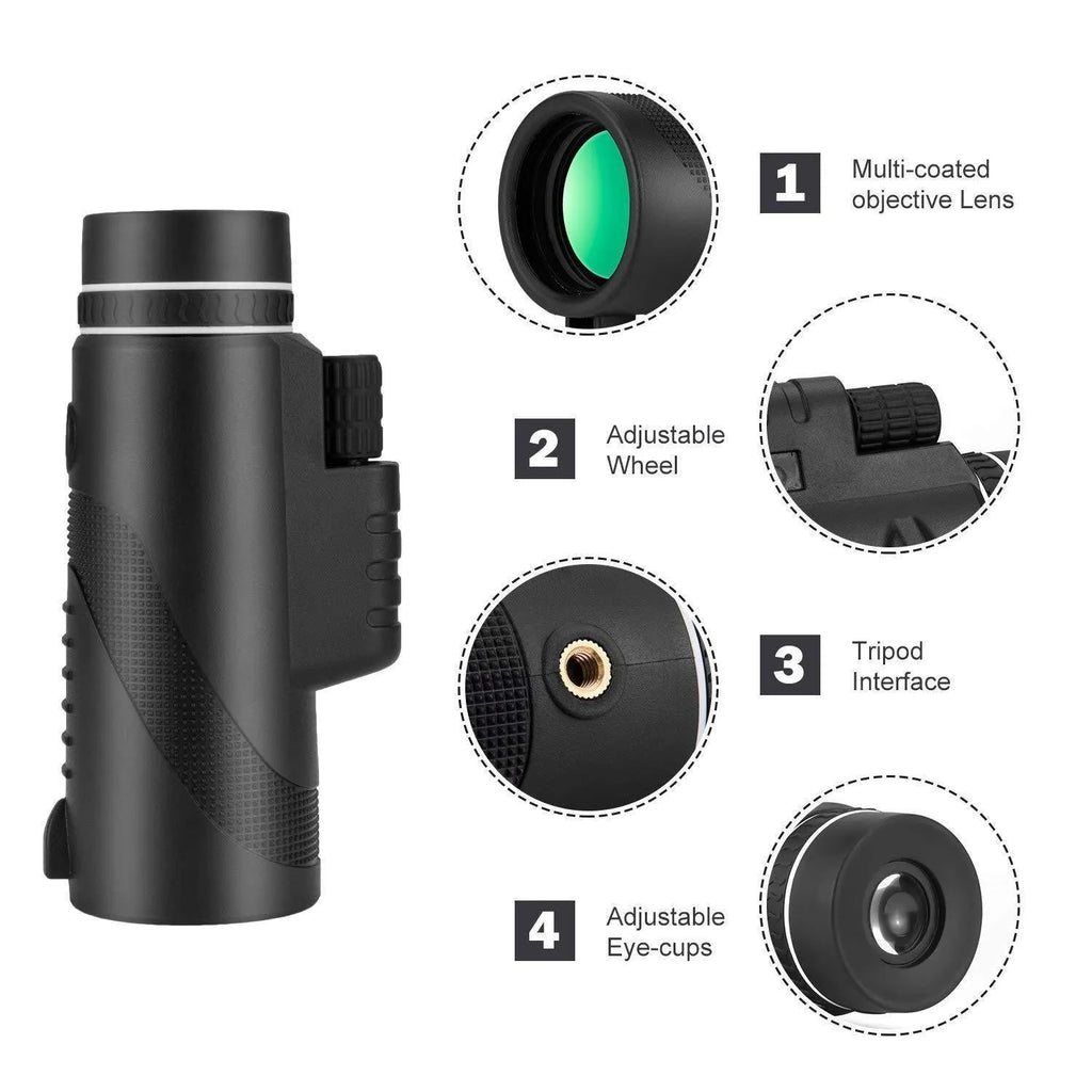 Black 40x60 smartphone monocular telescope with 144mm length on a table.