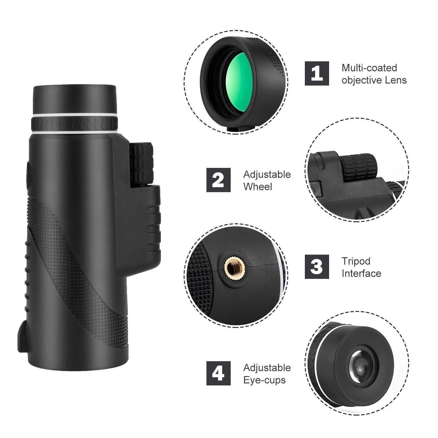Black 40x60 smartphone monocular telescope with 144mm length on a table.