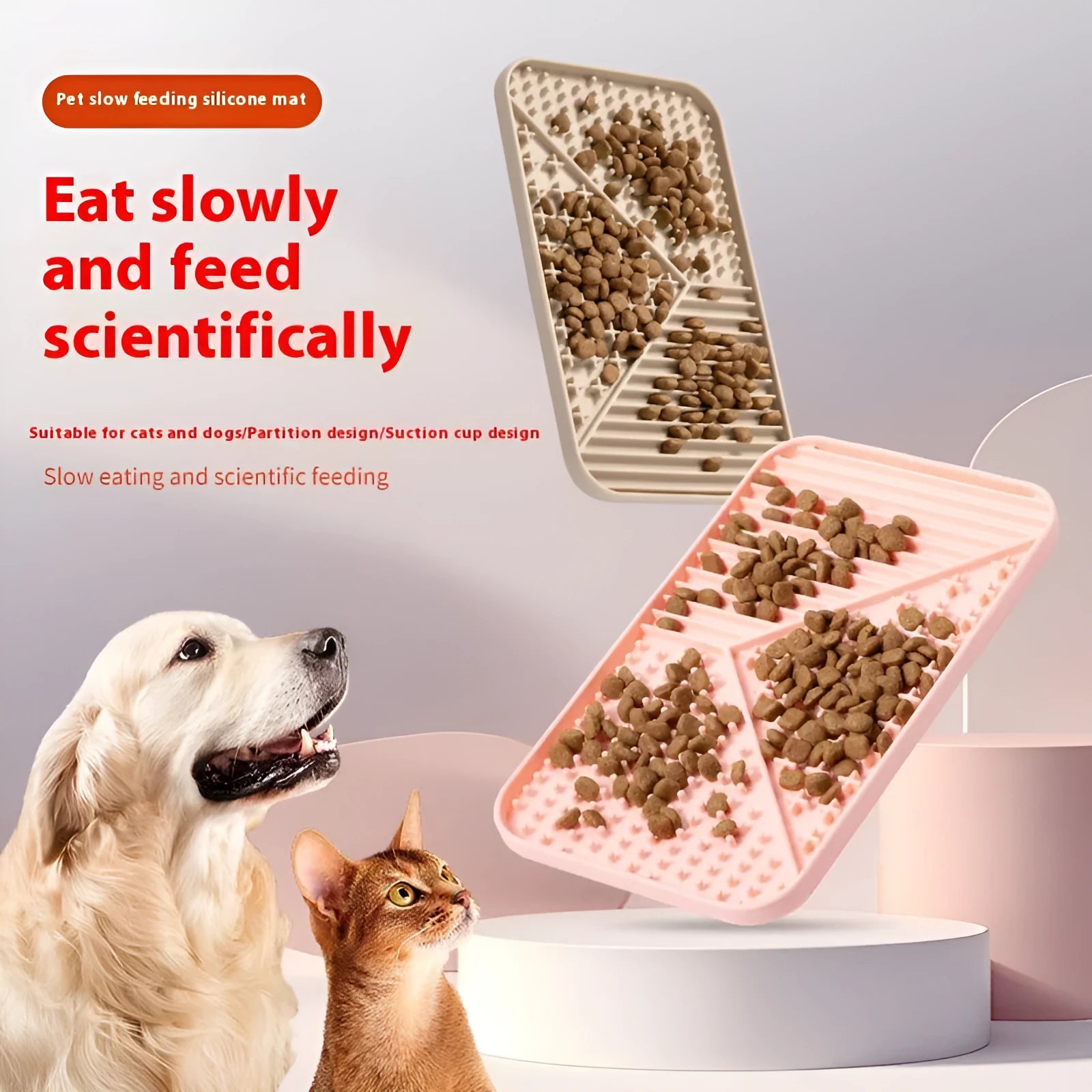 Silicone pet licking mat with suction cup backing in pink, grey and khaki colours