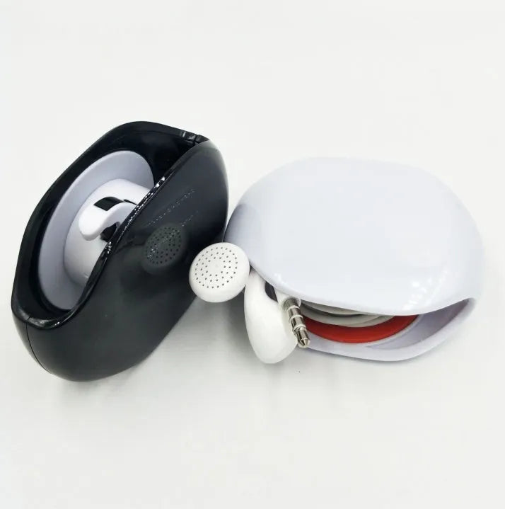 Automatic earphone cable winder showing white, blue, and black units with cable retracted into 72mm storage box.
