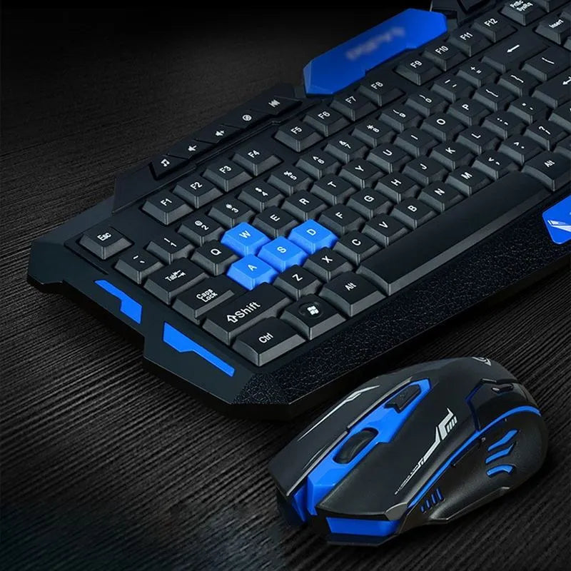 Black and blue wireless keyboard and mouse set with gaming features and waterproof construction