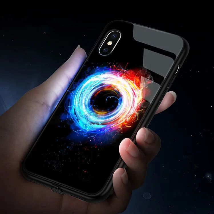 iPhone case with tempered glass back and LED flash light, compatible with multiple Apple models