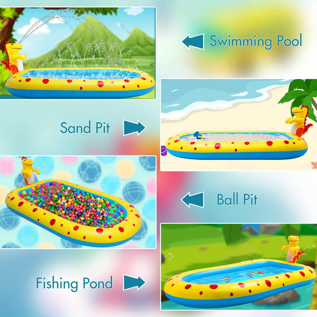 Blue inflatable dinosaur shark shaped water play pool for children in garden