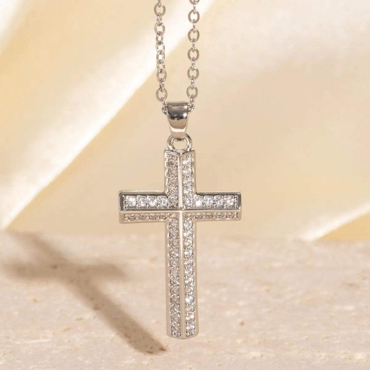 Real gold electroplated micro inlaid zircon cross necklace on copper pendant with O-ring chain, adjustable 41-50cm, simple geometric style