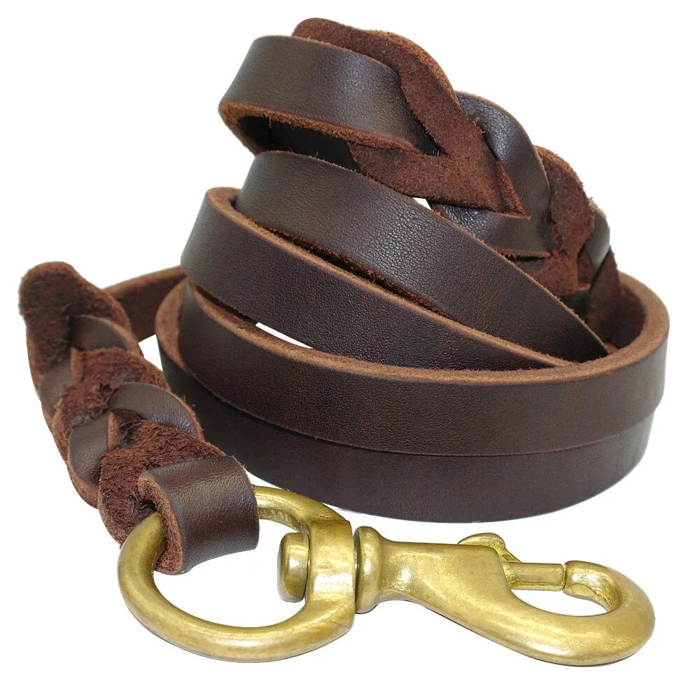 Leather dog lead training rope for large dogs and Golden Retrievers in dark brown, black or brown, 1.2cm to 1.8cm wide, 120cm to 270cm long