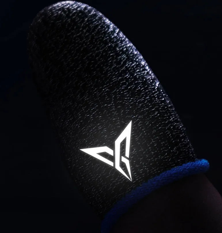 Green silver fibre gaming thumb sleeve with a reflective logo, designed for sweat absorption and improved controller grip.