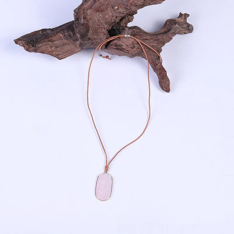 Natural stone pendant necklace with adjustable leather cord in Pink Crystal or WhitePine colour option