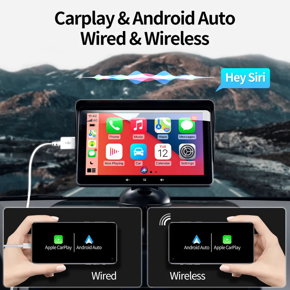 7-inch wireless CarPlay display unit with suction cup mount on a car dashboard
