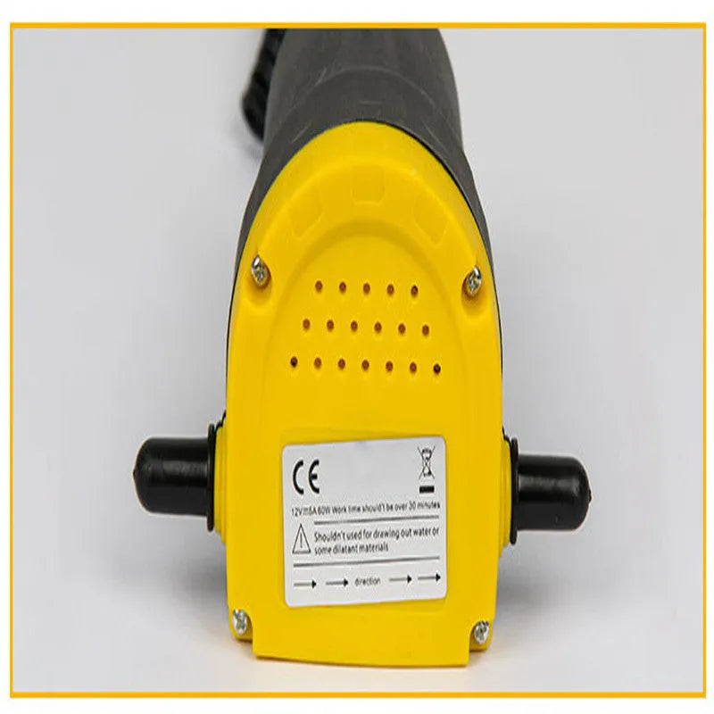 Yellow electric oil pump with cast aluminium body, 12V 24V DC, 60W, 2–3 L/min flow, 1.2m inlet pipe.