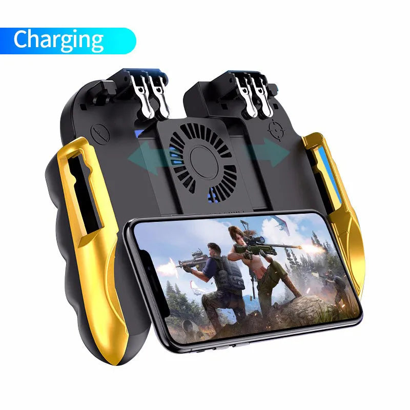 Six-finger gamepad with USB cable and black bracket for smartphone, ABS and zinc alloy build
