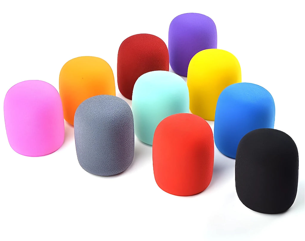 Four multicoloured foam microphone windshields for handheld stage microphones