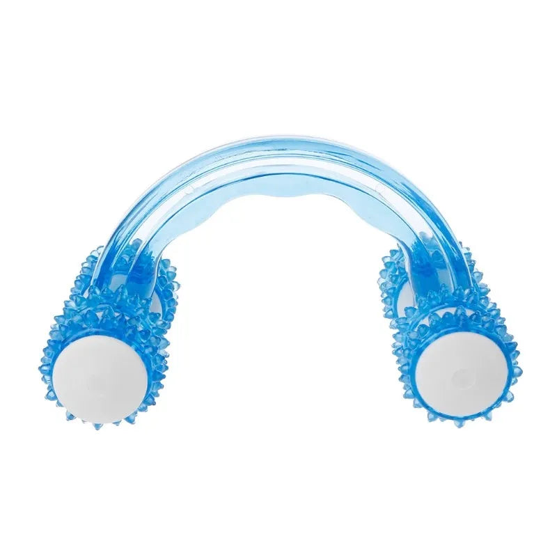 Blue plastic body massager with eight roller wheels and ergonomic handle, 13 x 9 cm, on a clean white background