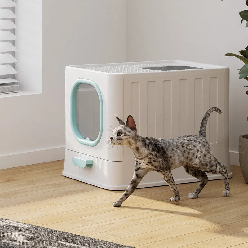Fully enclosed PP plastic folding cat litter box in Avocado Green, 51x38x39cm