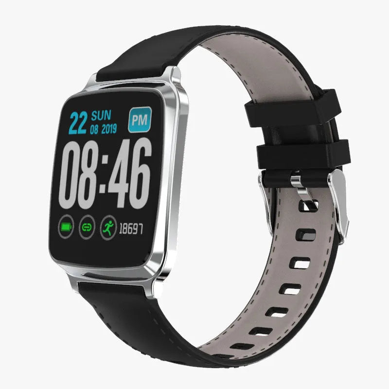 M8 smart fitness bracelet in black on a wrist, showing heart rate data on its full-touch screen.
