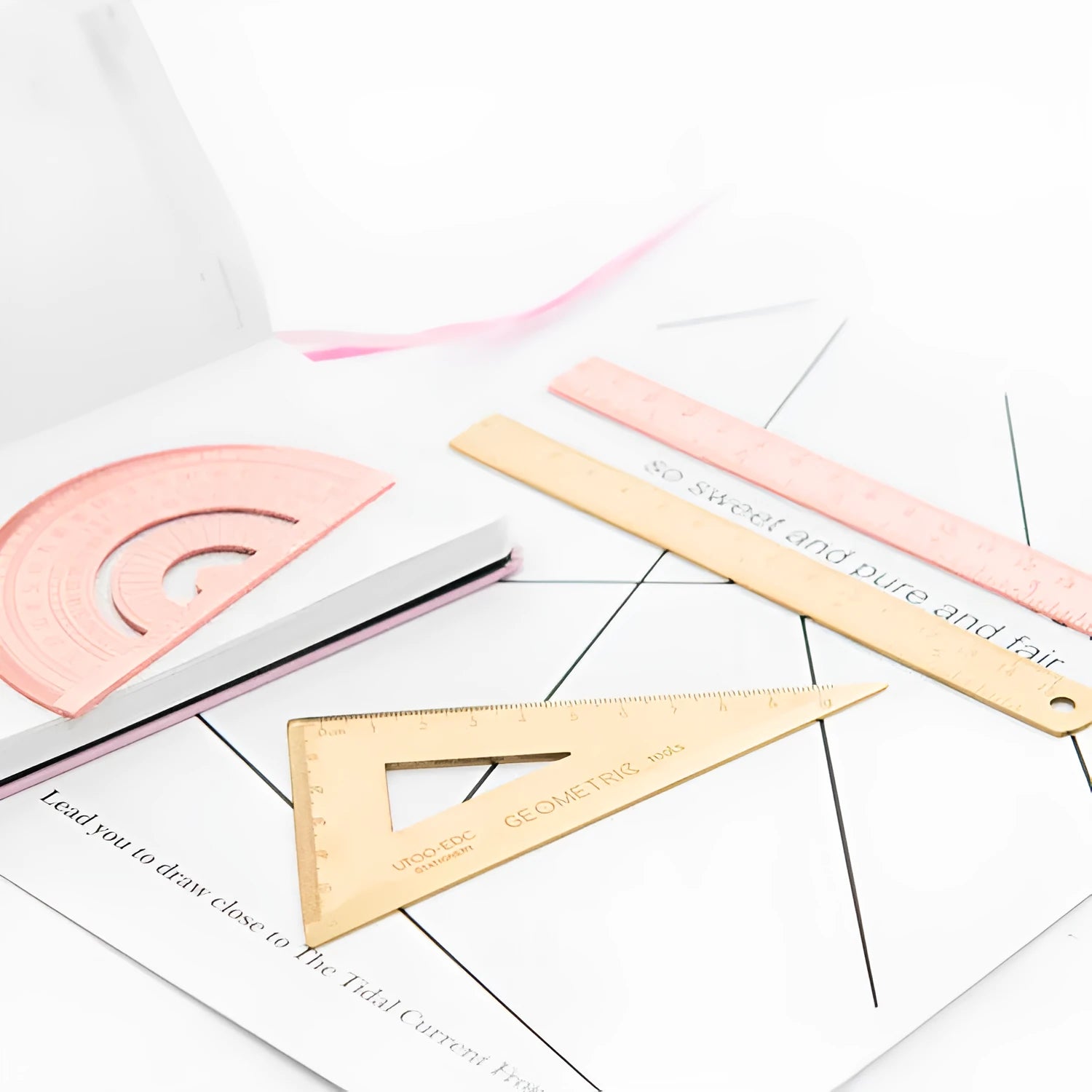 Stainless steel office ruler set with protractor, triangle plate, and 165mm ruler in rose gold finish, transparent sealing pocket