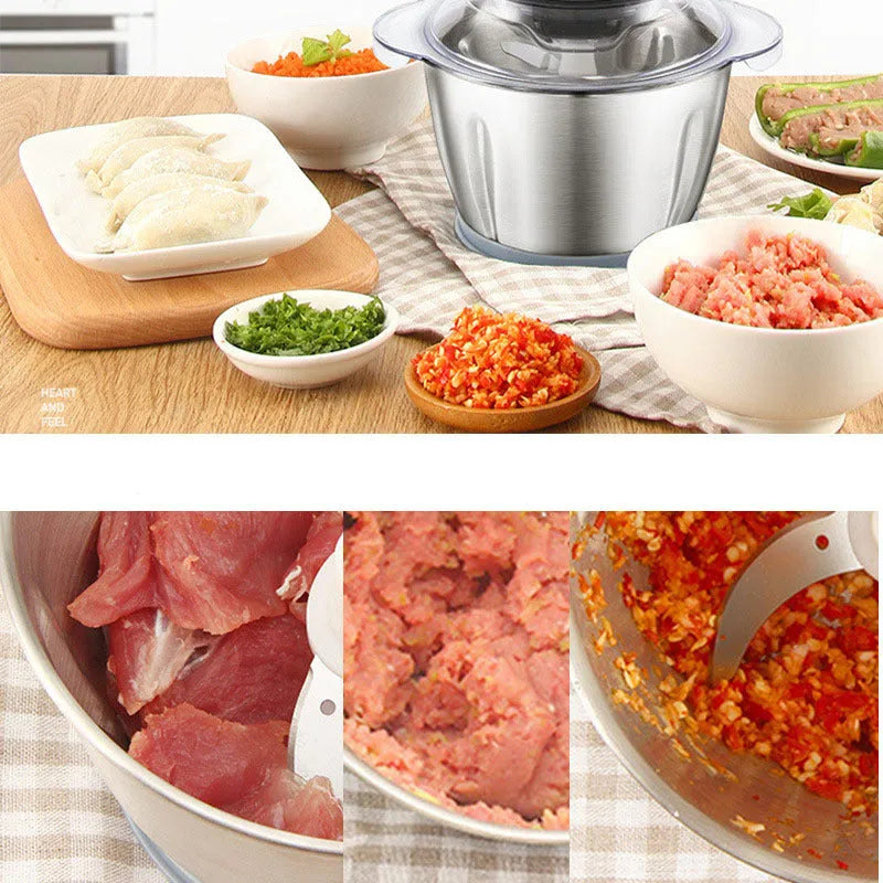 White electric garlic peeler appliance with stainless steel bowl on a kitchen countertop.