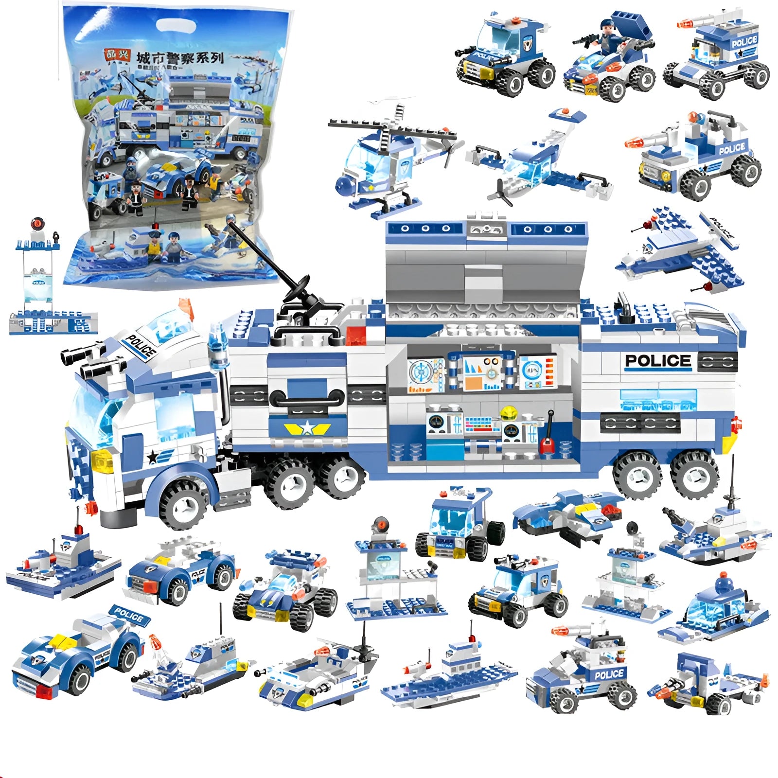 City Police 762-piece 8-in-1 building blocks set in gift bag with robot and car models