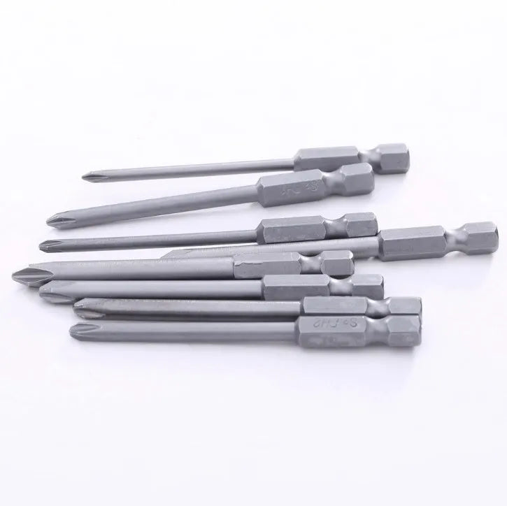 Set of eight long 75mm magnetic Phillips screwdriver bits with a 1/4-inch hex shank on a white background.