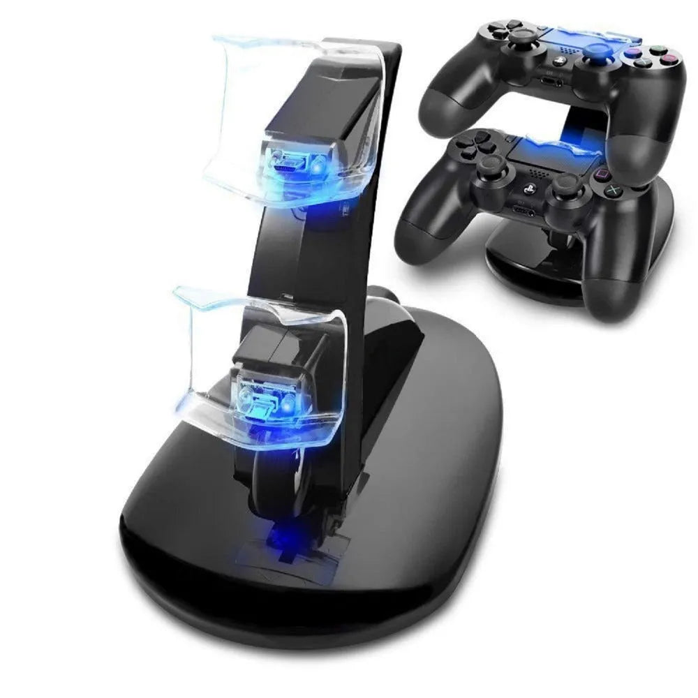 Black dual charging stand holding two Xbox One controllers upright for simultaneous USB charging.