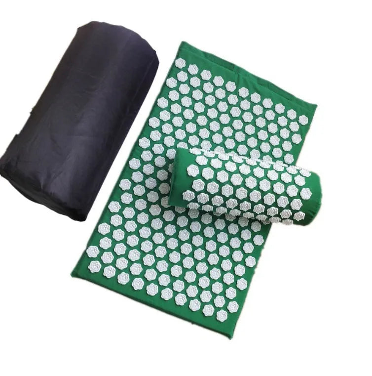 Lotus-shaped acupressure massage mat set with pillow and cloth carrying bag