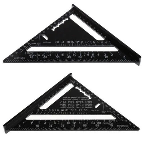 Black aluminium triangle ruler square showing 90-degree and 45-degree angles with measurement markings