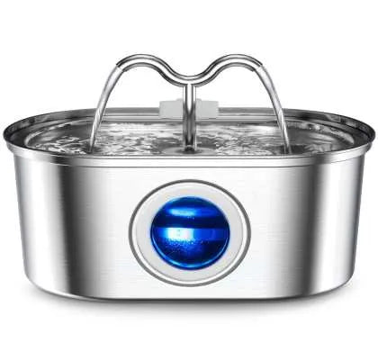 Stainless steel pet water dispenser with round basin and window faucet for dogs and cats.