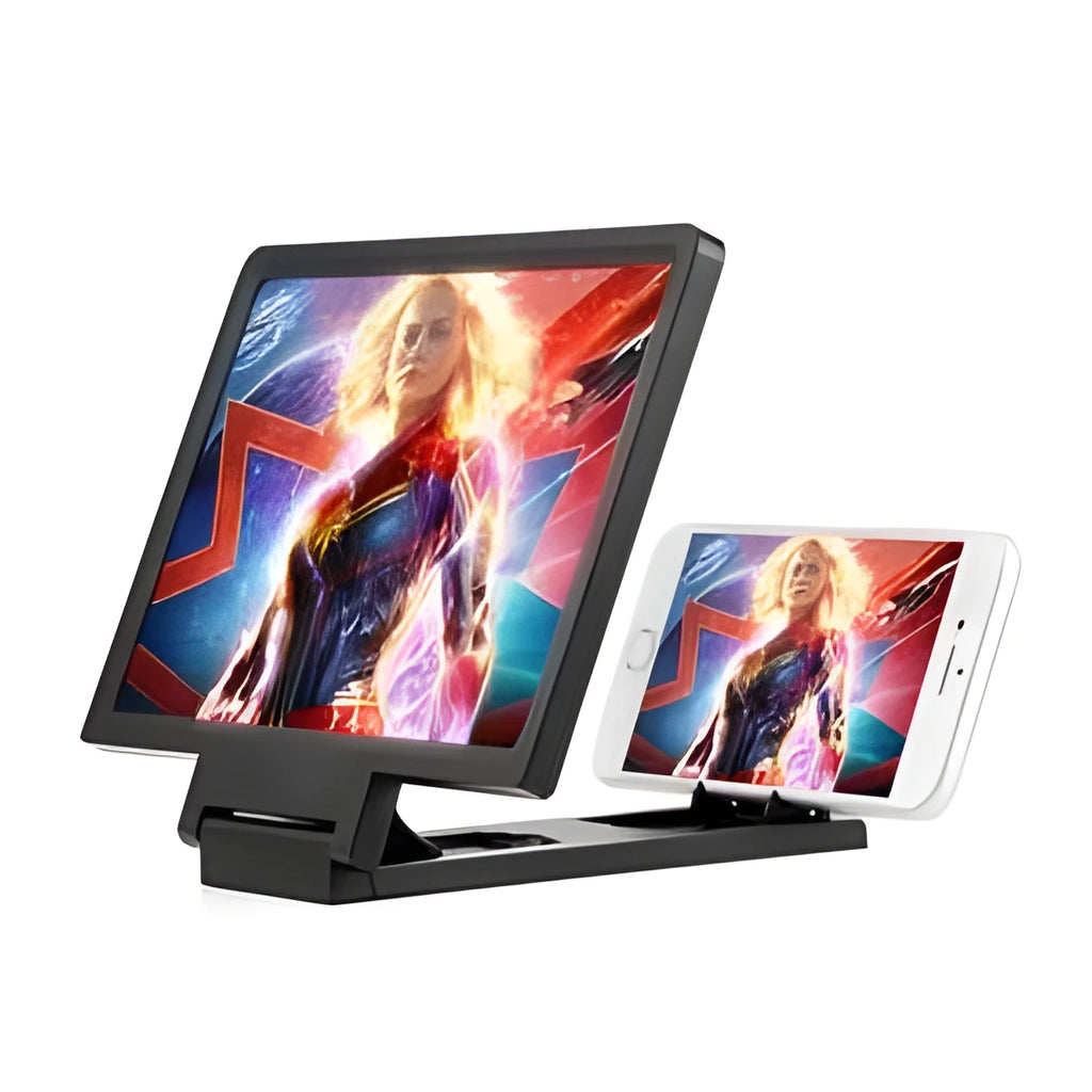 Black and white smartphone screen amplifier measuring 18cm by 12cm with protective packaging