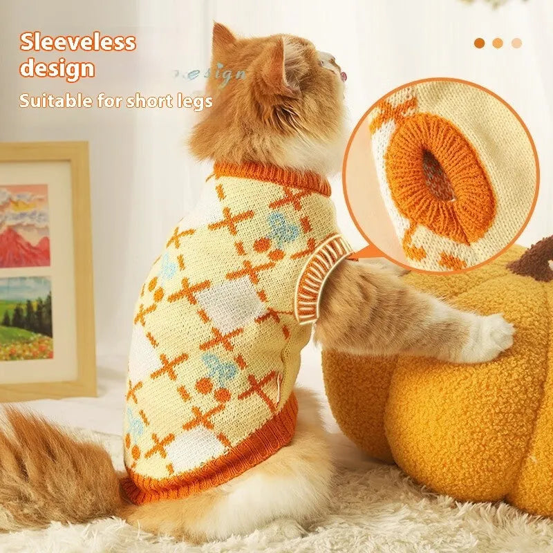 Orange cherry pattern cat sweater for autumn and winter wear, shown in pet clothing context.