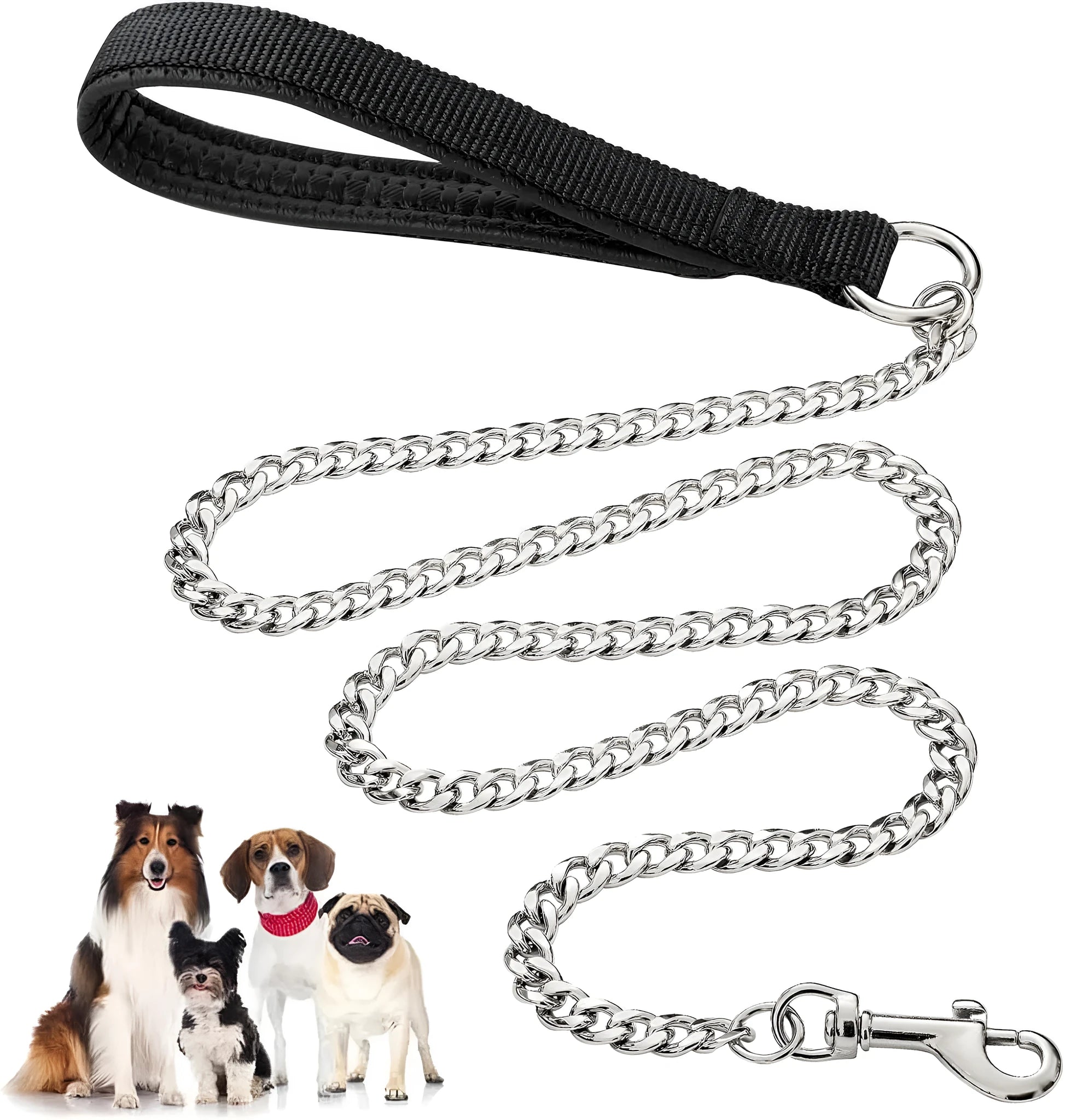 Heavy duty metal dog leash with a soft black padded handle and a chrome-plated chain.