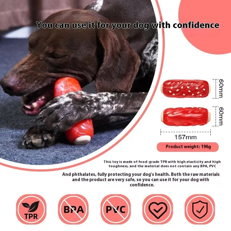 Primary colour plastic molar rod dog chew toy with a toothbrush-like textured surface.