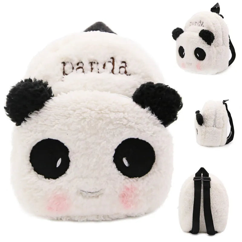 Panda school bag in cotton, small size, 56-75L capacity, with bow and black ears, certificate bag, no shoulder straps.