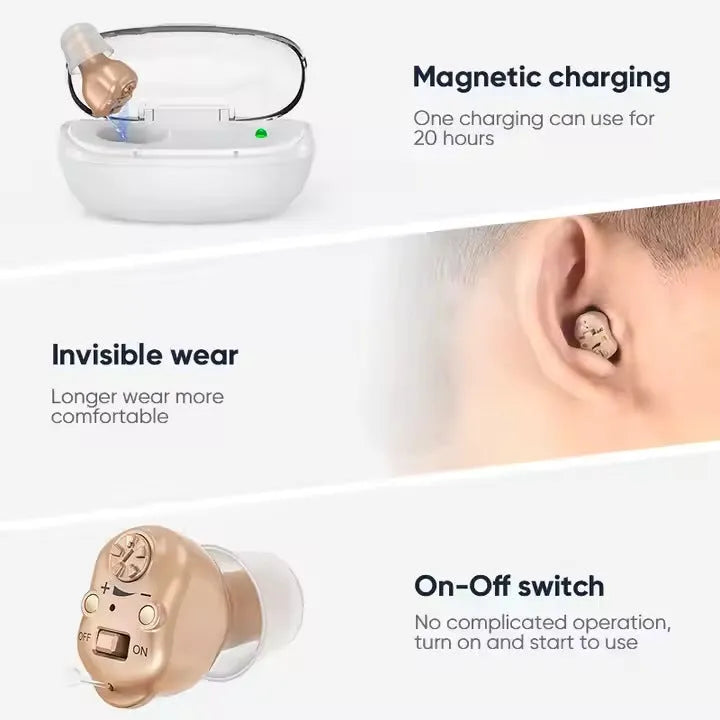 Invisible in-ear hearing aid with intelligent noise reduction, USB rechargeable, over 12 hours battery life