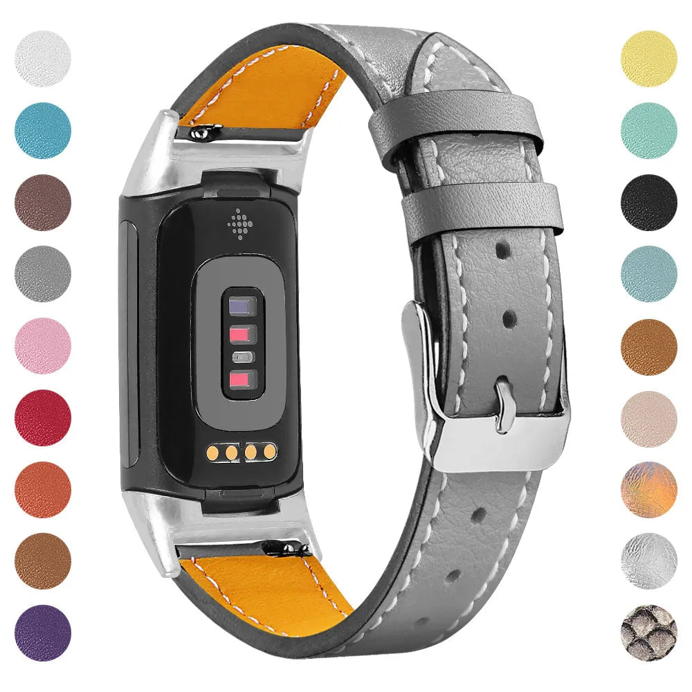 Genuine leather replacement watch strap for Fitbit Charge 5 and Charge 6 smartwatches.