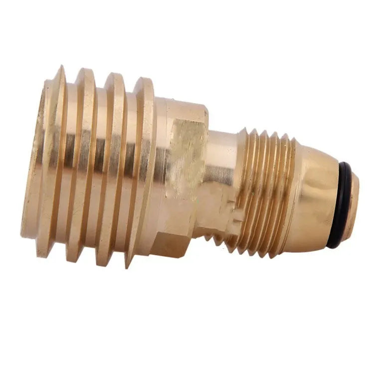 Gold-coloured brass gas adapter with external taper thread for brazier fuel lines.