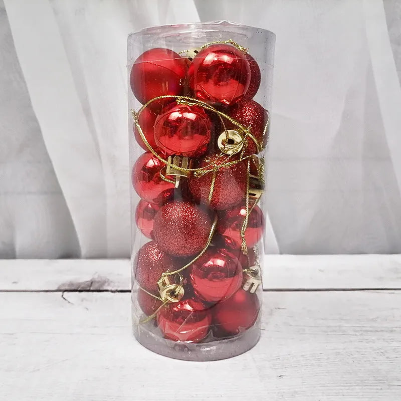 Assortment of 3cm diameter shiny matte plastic Christmas baubles in gold, red, silver, blue, and pink colours.