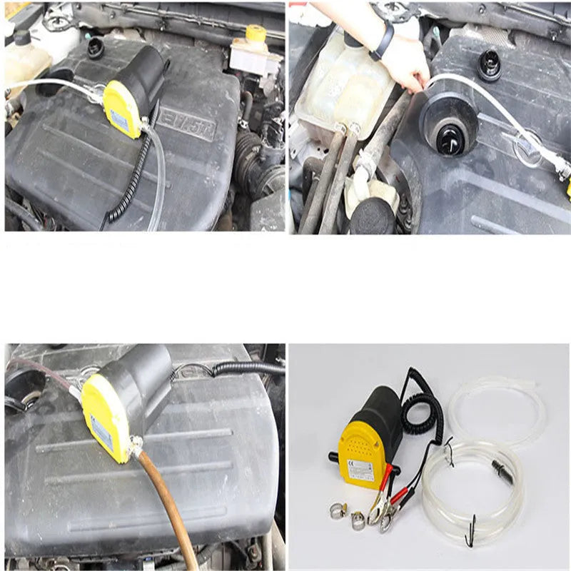 Yellow electric oil pump with cast aluminium body, 12V 24V DC, 60W, 2–3 L/min flow, 1.2m inlet pipe.