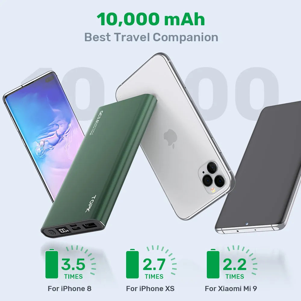 Silver 10,000mAh full metal shell fast charging power bank with digital display