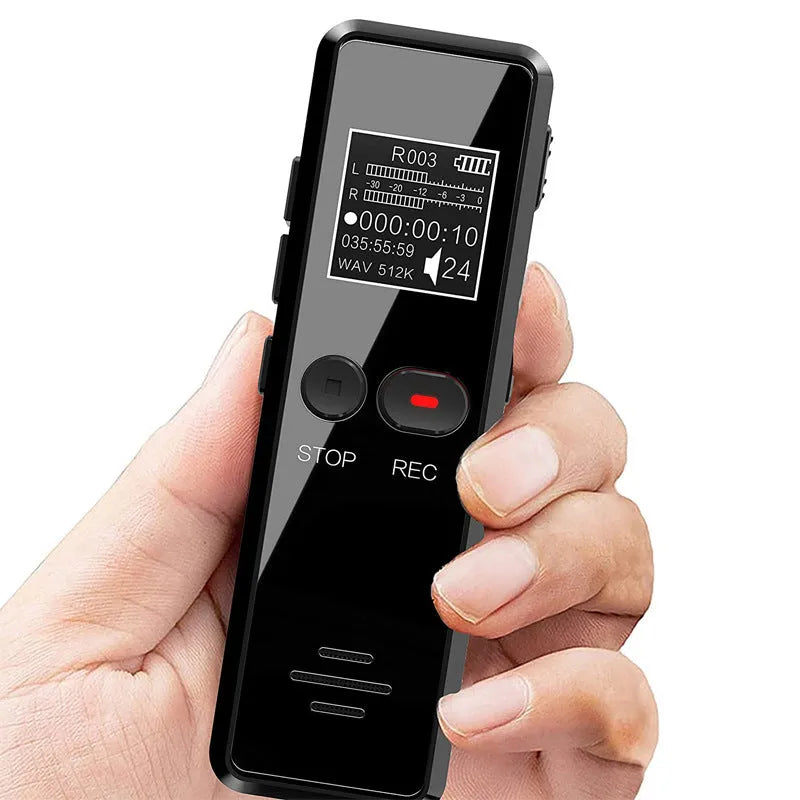 Black zinc alloy USB MP3 player and voice recorder showing display screen and USB connector.