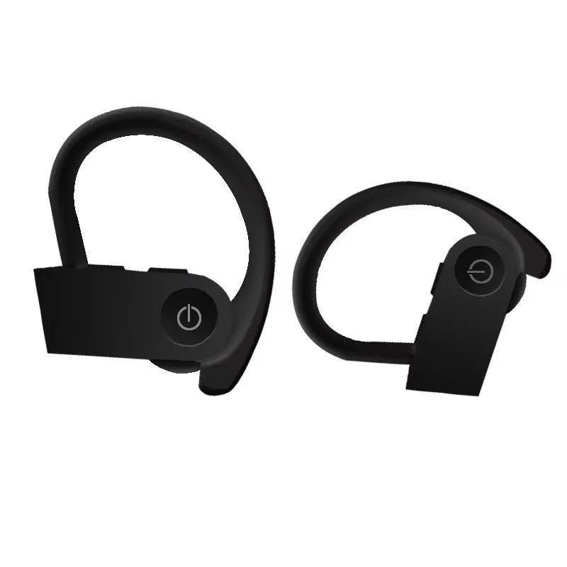 Ear hook sport wireless headphone in black with stereo sound and voice control for active use