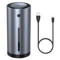 Black aluminium alloy car humidifier and air purifier with USB cable, shown in a vehicle cup holder.