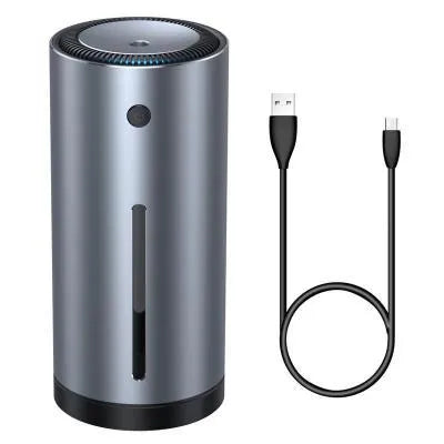Black aluminium alloy car humidifier and air purifier with USB cable, shown in a vehicle cup holder.