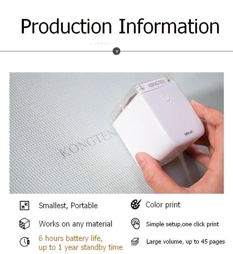 Portable mobile inkjet printer with tri-colour ink cartridge and USB interface, shown for printing drawings in Black or White