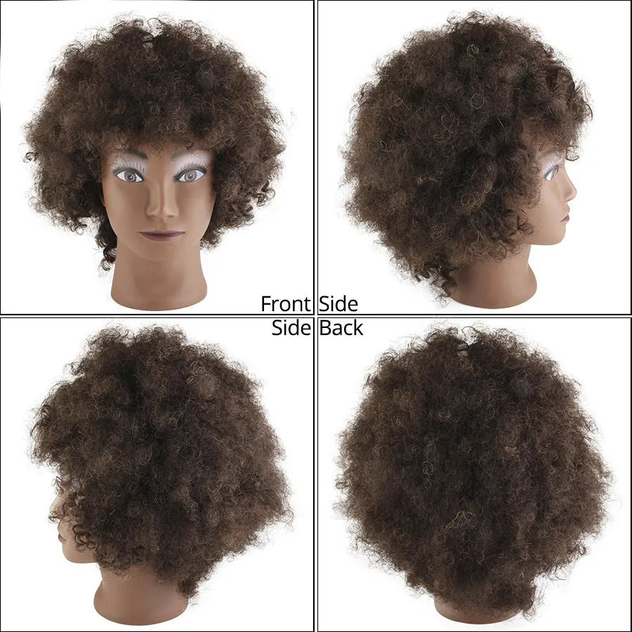 Black real human hair wig model with short harsh fluffy style on head mold base