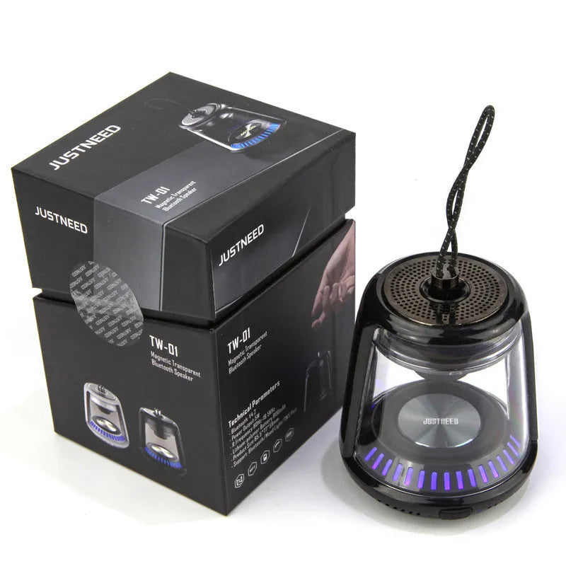 Portable mini Bluetooth speaker in black or white with 5W output, 850 mAh battery and waterproof anti-fall design.