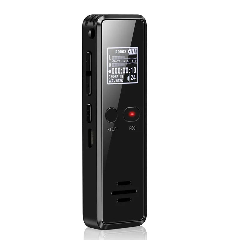 Black zinc alloy USB MP3 player and voice recorder showing display screen and USB connector.