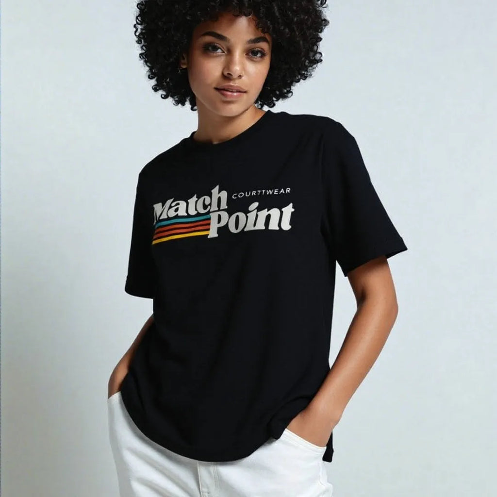 Black men's t-shirt with a colourful 3D digital printed pattern on the front, showing short sleeves and a round neck.