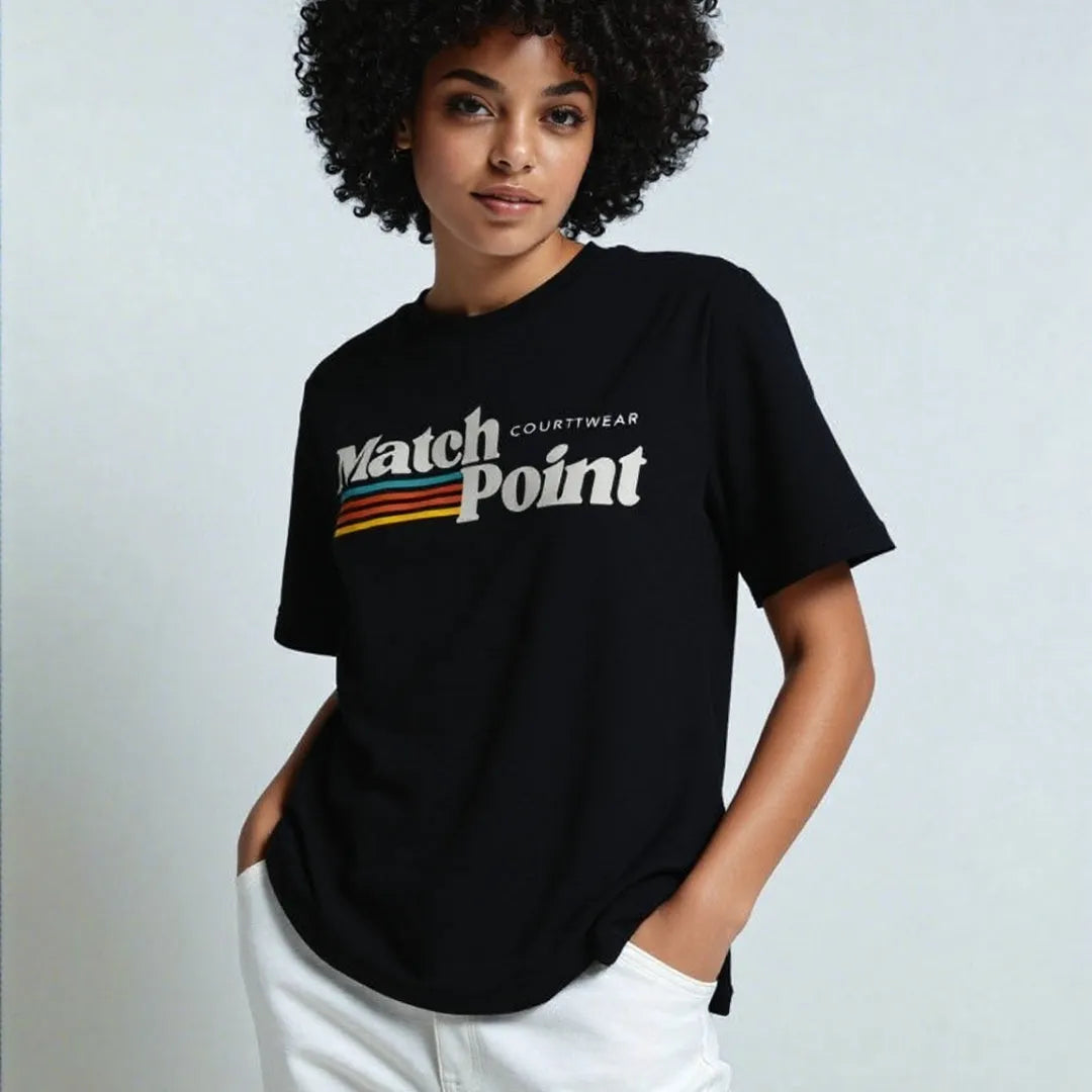 Black men's t-shirt with a colourful 3D digital printed pattern on the front, showing short sleeves and a round neck.