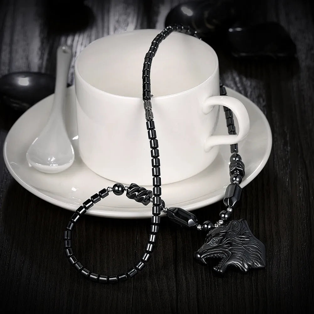 Milk Tea exaggerated wolf head necklace with copper pendant and water wave chain